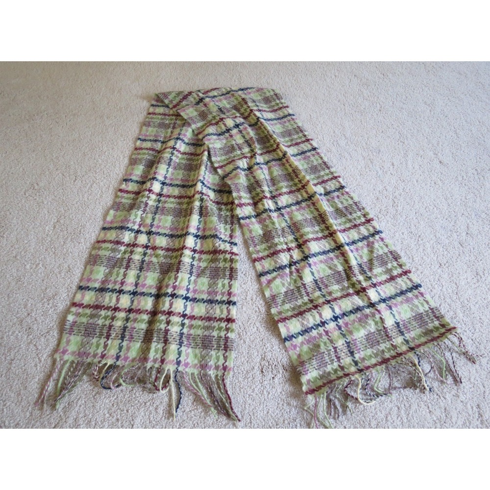 Beige Squiggly Lines Plaid Fringed Scarf 100% Cashmere Germany